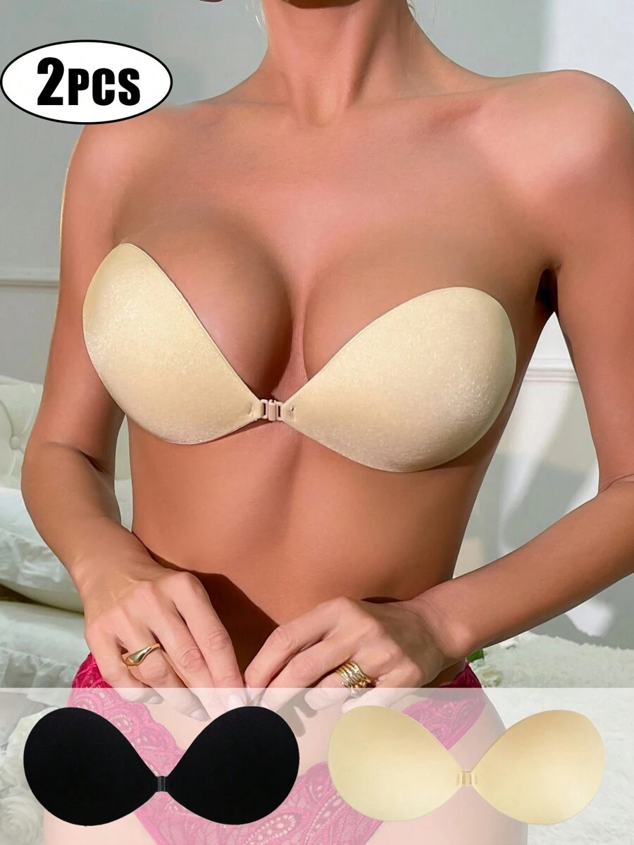2件装新款修身胸贴聚拢胸贴性感婚纱带乳头贴吊带裙泳装专用隐形胸罩女士黑色胸贴 杏色胸贴 隐形胸贴 - 彩色 - 查看 1