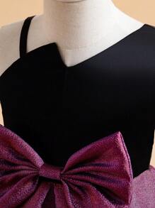 EHOMKIDS Young Girl Asymmetrical Color Block Bow Decor Princess Party/Evening Dress - Purple - View 3