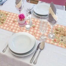 1 pièce Chemin de table en lin à motif de lapin de Pâques, fleur, rayure et carreau pour la décoration de table