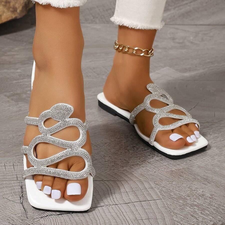 Của phụ nữ Dép đi trong nhà Không trượt Cao su Keo dán Nhẹ Pha lê Khối màu Chóp giầy hình vuông Dép đi trong nhà Giải trí Mùa hè Trắng Giày dép - trắng - Xem 1