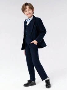 4 件套男童西装套装：夹克 + 背心 + 裤子 + 蝴蝶结，男童正装适合生日派对、舞台表演、节日庆典、秋冬 - 藏蓝色 - 查看 3