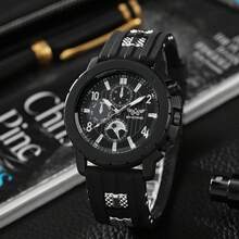 2024年新款時尚商務休閒男士手錶,模擬三針,大表盤和矽膠錶帶,適合日常佩戴 - 黑色 - 查看 2