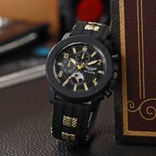 2024年新款時尚商務休閒男士手錶,模擬三針,大表盤和矽膠錶帶,適合日常佩戴 - 黑色 - 查看 1