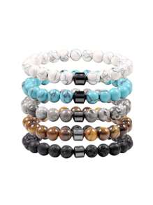 1pc 8mm Natural Black Agate Beaded Elastic Bracelet, Adjustable Unisex - Multicolor - View 10