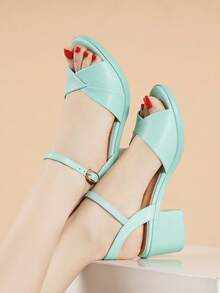 Dép xỏ ngón gót chân Chunky mới dành cho nữ mùa hè có dây đeo mắt cá chân và khóa đóng - màu xanh lá - Xem 2