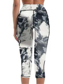 3 件/套口袋合身加大码印花高腰修身收腹运动紧身裤，瑜伽七分裤 - 白色 - 查看 3