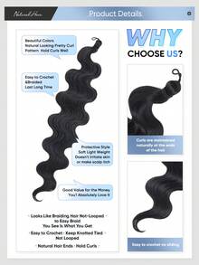 1 件/包 24 英寸自然波浪钩针假发，女士自然长发黑巧克力棕色多色海滩卷曲钩针假发，合成卷曲编织接发 1B 黑巧克力棕色 BUG 多色合成耐热接发，适合编织日常派对角色扮演节日使用 - 黑色 - 查看 3