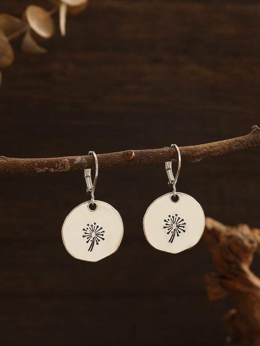 1對時尚、創意、簡約、復古蒲公英設計耳環,適合女性日常佩戴 - 銀色 - 查看 1