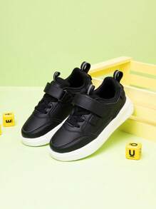 1對兒童運動鞋，滑板鞋，休閒鞋，低頂魔鬼氈帶，易穿上穿下，輕便，抗滑，透氣，PU皮面，適用於春秋季 - 黑色 - 查看 5