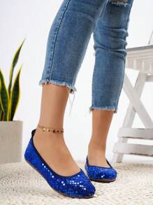 Women's Flat Shoes Elegant Round Toe Sequin Mesh Flats, Outdoor Casual Wedding Party Breathable Hollow Slip-On Ballet Loafers, Versatile - Royal Blue - View 3