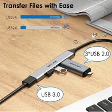 4 合 1 USB 3.0 集线器，带 USB-C 转 A，4 端口 USB 2.0/3.0 分配器，即插即用铝制超薄便携式 USB 数据集线器，兼容 Windows//Android/Linux - 銀色 - 查看 5