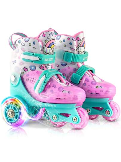 Purple Green Adjustable Roller Skates For Girls Boys, Fun Illuminating Light Up Flash Wheels Three-Point Type Balance Suitable For Beginners Indoor Roller Skatess