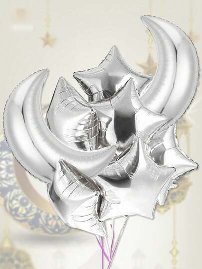 8pcs Theme Balloon Set, 28inch Silver Moon Shaped Balloons + 18inch Star Balloons For Party Decorations
