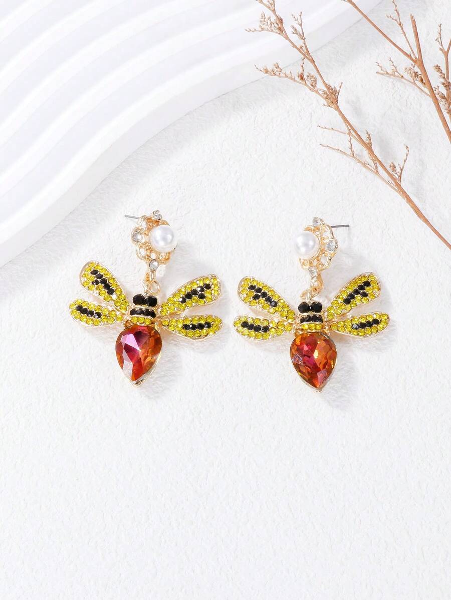 juran 1 Pair Creative Rhinestone Bee Animal Dangle Earrings For Women - Yellow Rose Red - View 1