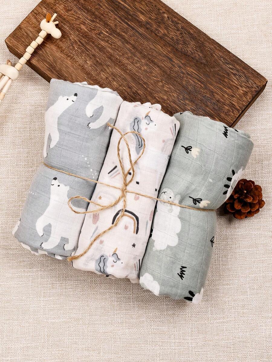HappyFlute Rainbow&Sun Bear Pattern Muslin Bamboo Fiber Baby Wrap Swaddle Blanket 3 Packs Set 120*110cm With Oeko Certificate