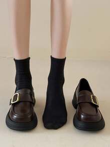 New British Style Black Spring Slip-On Loafers For Women, Versatile Metal Buckle Thick Heel Shoes - Brown - View 3