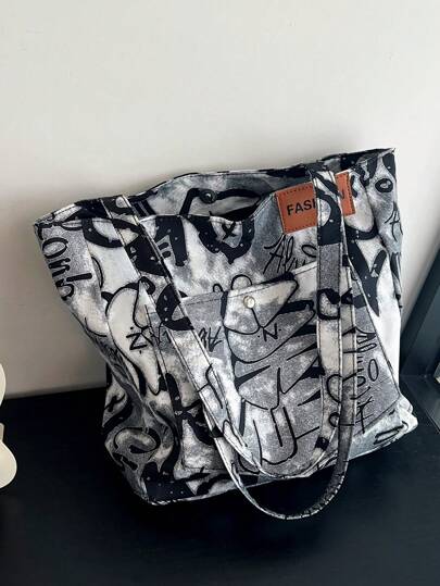 New Fashionable Graffiti Print Foldable Tote Bag With Large Capacity For Women, Suitable For Daily Work, Casual Use, Date, Gift, College Students Backpackback To School,Classic Casual, Suitable For Teen Girls Women College StudentsOutdoors, Travel, Outings, Tote Bags For School