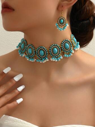 一套复古绿松石流苏项链耳环首饰套装（女士款）