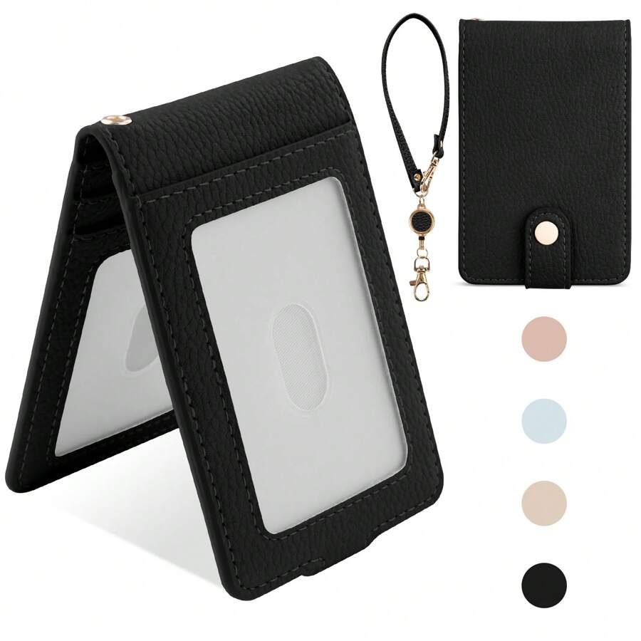翻蓋式卡片套,公車卡套,ic卡保護套,id卡套,地鐵卡套,附可伸縮掛繩、卡片收納盒、證件夾、卡片整理盤 - 黑色 - 查看 1