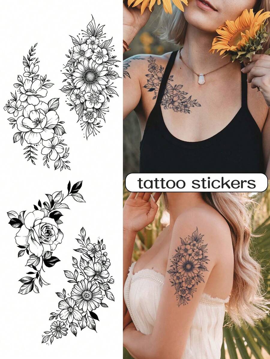1 Set Of 4 Piece Flower Tattoo Stickers Waterproof Lasting 1 Week 2 Weeks Sexy For Girls Arm Chest - Black - View 1