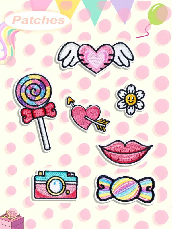 7pcs Candy, Camera, Heart, And Other Patterns Fabric Patches, Pink Series Embroidered Iron-On And Sewing Repair Applique For Backpacks, Jeans, Jackets, Hat, Shoes, Diy Craft, Clothes, Etc.
