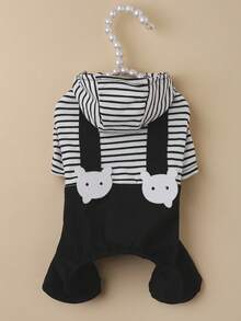 1pc Black & White Striped Pet Suspender Pants, Hooded Jumpsuit Outfit For Small Dogs & Cats - Black and White - View 1
