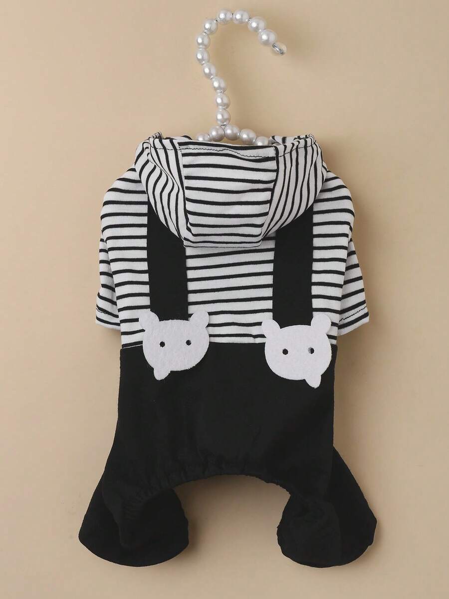 1pc Black & White Striped Pet Suspender Pants, Hooded Jumpsuit Outfit For Small Dogs & Cats - Black and White - View 1