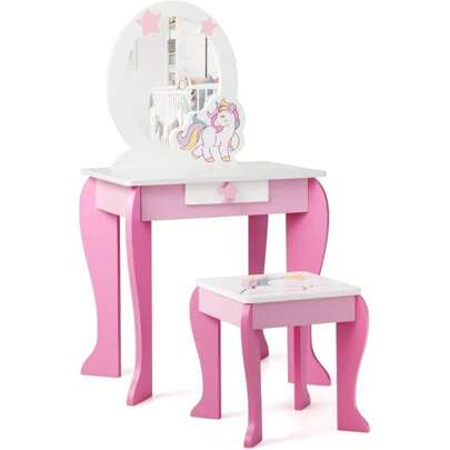 Children's Dressing Table With Stool & Removable Mirror & Drawer, Dressing Table Made Of MDF Wood, Cosmetic Table With Hair Band & Hair Clip, Fairytale Ornaments, For Girls Aged 3 And Over (Pink)