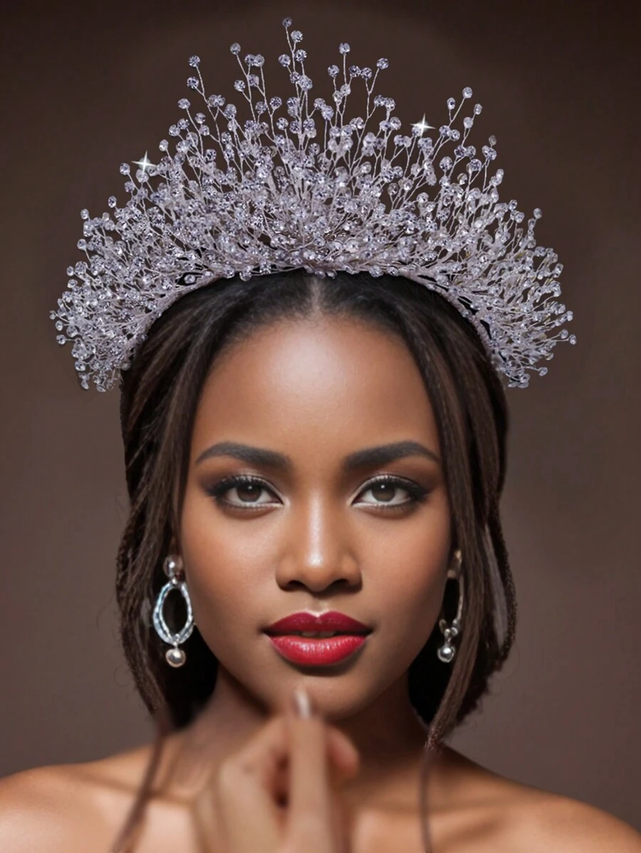 Luxurious Rhinestone Bridal Crown Handmade With Rhinestones, Women's Tiara Wedding Hair Accessory For Brides Royal Boho - 銀色 - 查看 1