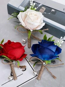 1入組假玫瑰花禮襟針,珍珠珠子和粗麻莖葉單頭玫瑰,適用於婚禮、派對、舞會