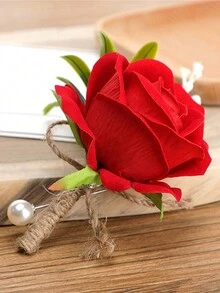 1入組假玫瑰花禮襟針,珍珠珠子和粗麻莖葉單頭玫瑰,適用於婚禮、派對、舞會