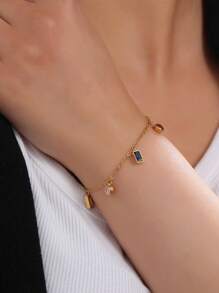 1 件時尚 18k 鍍金不銹鋼多巴胺和鋯石裝飾手鍊,適合女士度假、派對和日常佩戴 - 彩色 - 查看 2