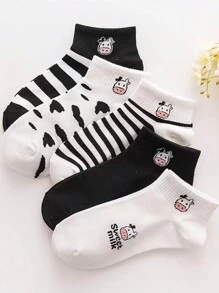 5雙秋冬季日式風格可愛小牛毛絨袜,女士踝襪條紋防滑透氣運動襪,大學裝 - 黑與白 - 查看 1