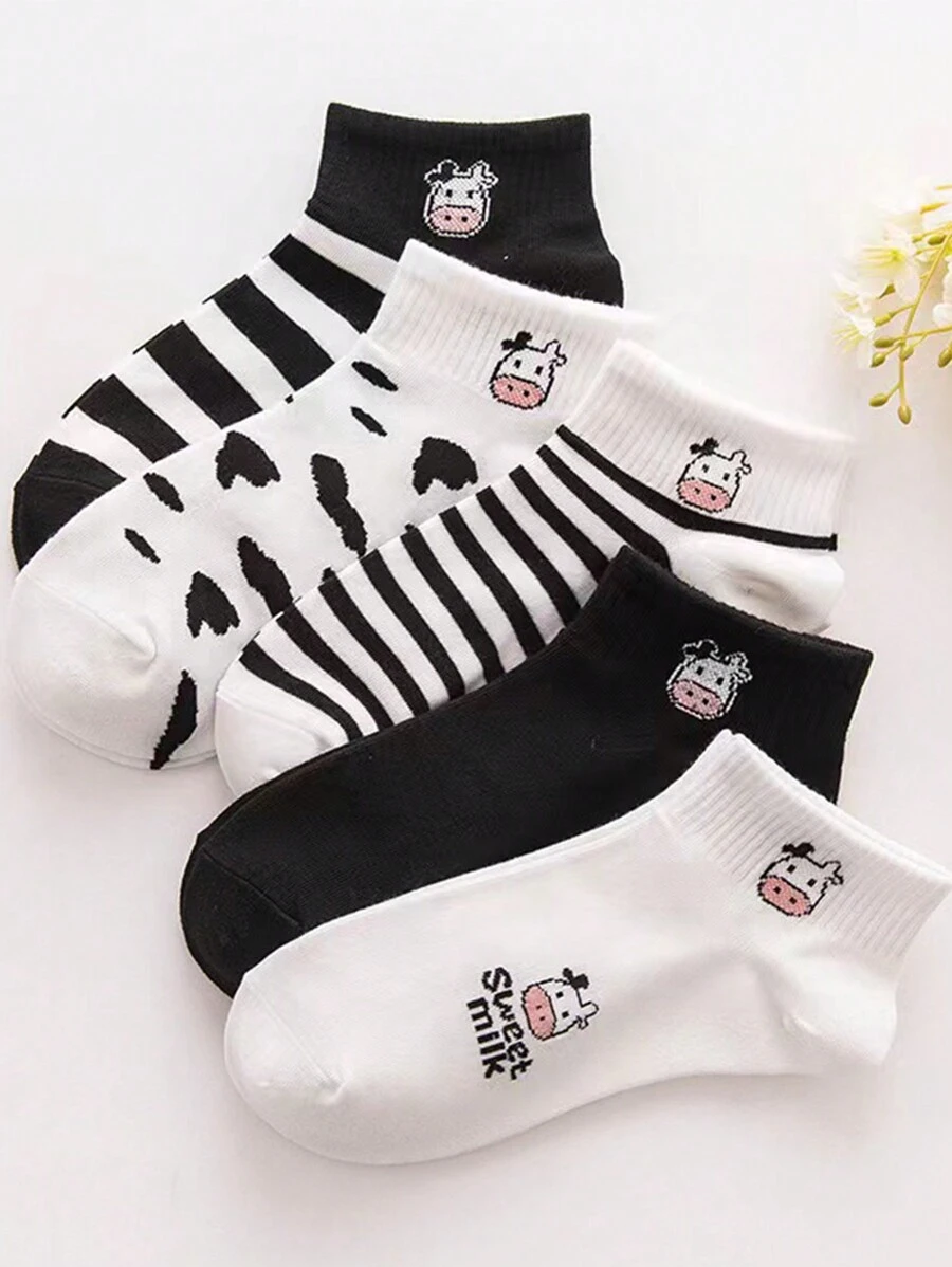 5雙秋冬季日式風格可愛小牛毛絨袜,女士踝襪條紋防滑透氣運動襪,大學裝 - 黑與白 - 查看 1