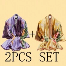 2入組女士黃色花卉印花緞面絲巾,質感柔滑 - 2條裝套裝 - 查看 6
