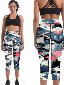3pcs/Set Plus Size Pocket Printed Yoga Pants, High Waist Fitted Slimming Workout Leggings Capri Pants