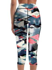 3pcs/Set Plus Size Pocket Printed Yoga Pants, High Waist Fitted Slimming Workout Leggings Capri Pants