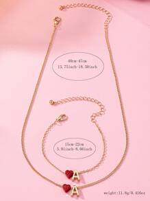 1 套欧美风格个性化金属 A-Z 26 个英文首字母红色心形镶嵌红色水钻字母名字吊坠项链和手链首饰套装，是女性日常佩戴的最佳情人节礼物，适合情人节、妈妈、母亲、母亲节、礼物