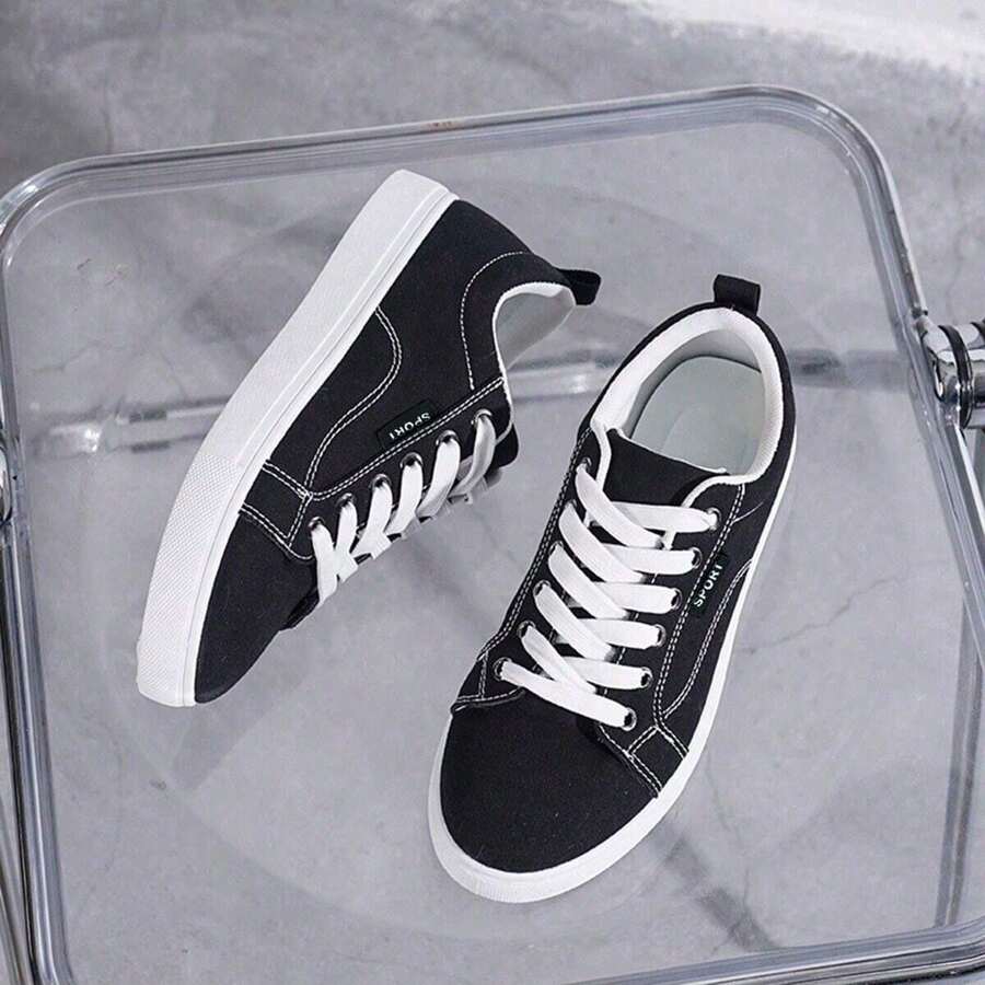 Men's Breathable Casual Canvas Shoes, Student Low-Top Shoes, Couple Sneakers, Anti-Slip, Anti-Odor, Suitable For Summer - Black and White - View 1