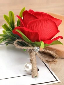 1入組假玫瑰花禮襟針,珍珠珠子和粗麻莖葉單頭玫瑰,適用於婚禮、派對、舞會