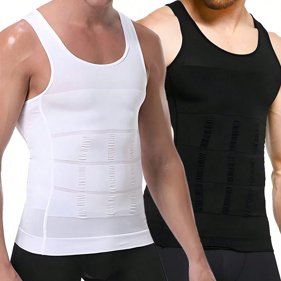 2 piezas Camisetas reductoras con silueta de estilo novio para hombres - Blanco y Negro - Ver 1