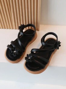 Sandales Plates Confortables Antidérapantes Pour Bébé Filles Souple Décorées De Fleurs Unicolores, Été - Noir - Voir 2