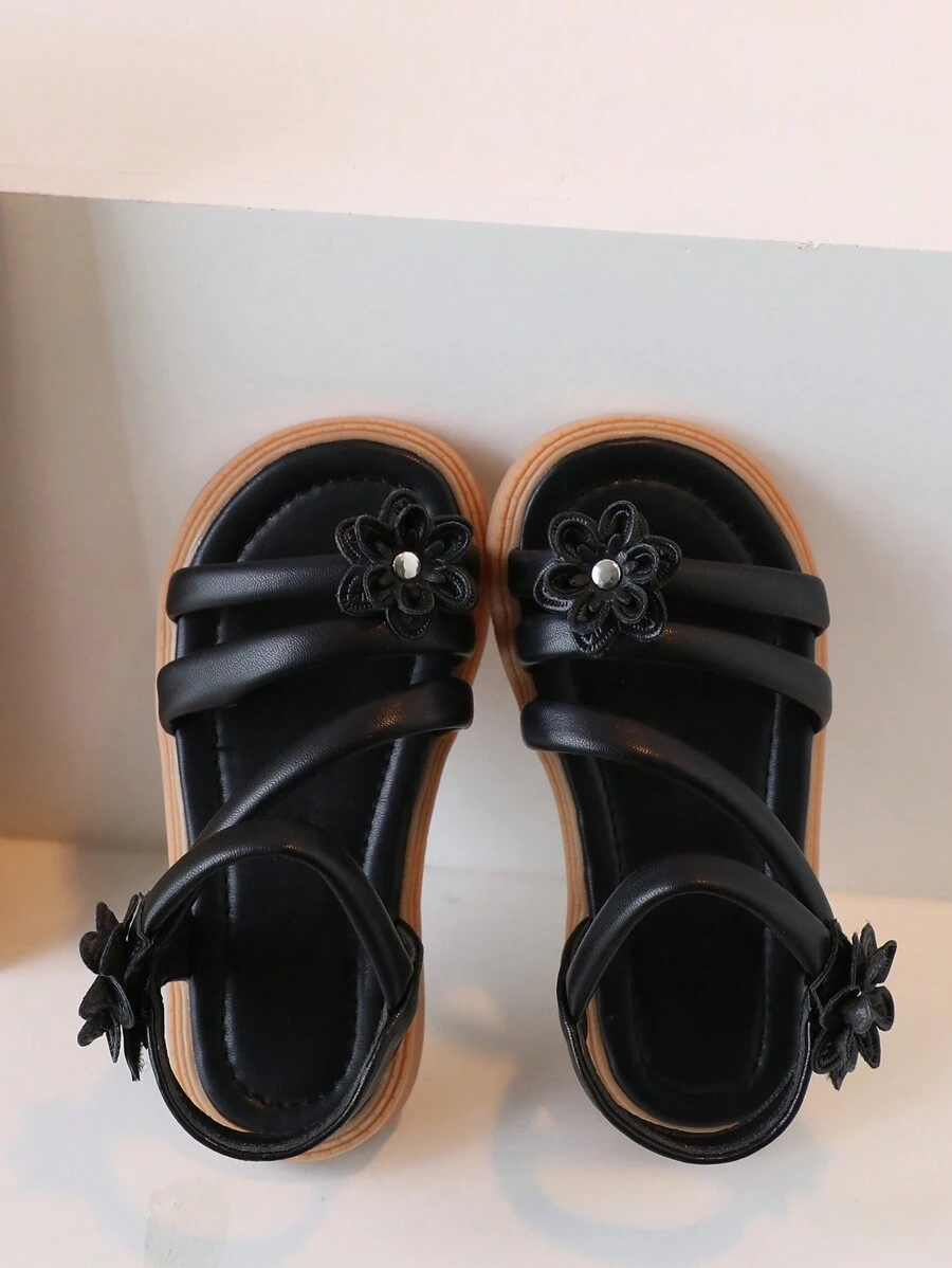 Sandales Plates Confortables Antidérapantes Pour Bébé Filles Souple Décorées De Fleurs Unicolores, Été - Noir - Voir 1
