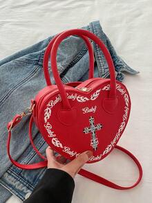 1 件 PU 材质文艺个性字母装饰时尚百搭心形手提包适合女性日常工作、约会和情人节礼物