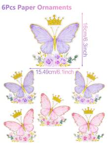 Set de 6 piezas de decoraciones de fiesta con diseño original de mariposas rosas y moradas, adecuadas para fiestas de cumpleaños de niñas con tema rosa, baby shower, bodas, fiestas familiares, decoración de fondo para la sala de fiestas - Multicolor - Ver 4