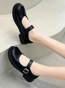 大尺寸（35-42）女式黑色瑪莉珍鞋,韓國風格復古英國 J.k.學生平頭工作鞋~搭配裙子 - 黑色 - 查看 1