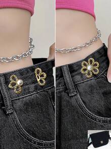 1件高品质花卉腰带夹胸针，女士耐用时尚可拆卸裤夹，适用于牛仔裤、裙子、裤子、包包、配饰，是女孩、学生、女性、旅行和户外活动的理想之选。 - 金色 - 查看 2