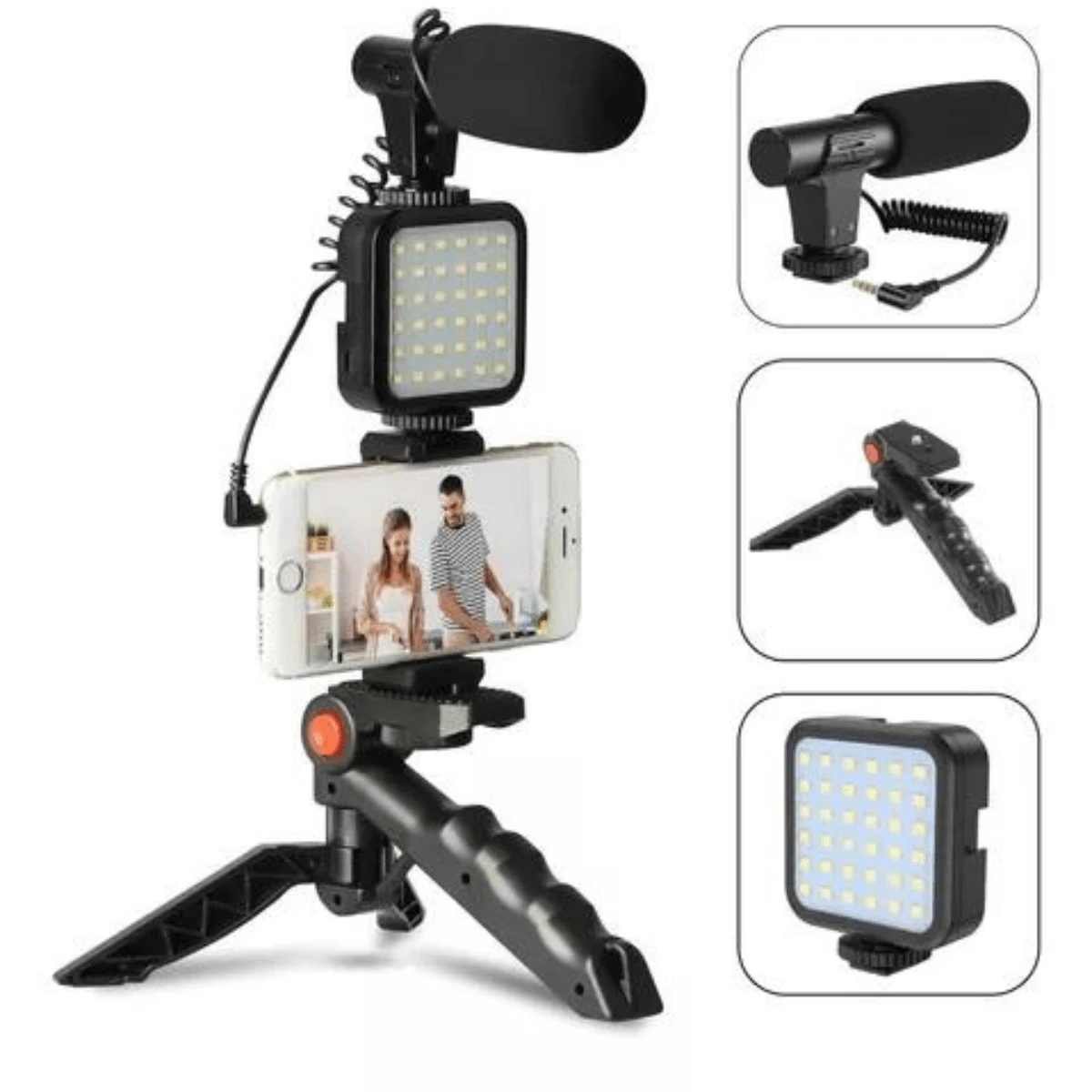 Kit Vlog Live Tripé Youtuber Celular Suporte Led E Microfone - Preto - Visão 1