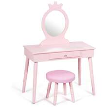 Children's Dressing Table With Stool, 2 In 1 Dressing Table & Desk For Children, Cosmetic Table With Drawer & Removable Mirror, For Children's Room & Bedroom, 100x70x34cm (Pink)