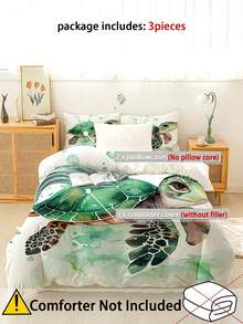 3入組時尚夢幻涂鴉涤棉被套套裝,多彩海龜圖案寢具套裝,適用於臥室客房裝飾（1*被套+2*枕套,不含內芯） - 彩色 - 查看 3